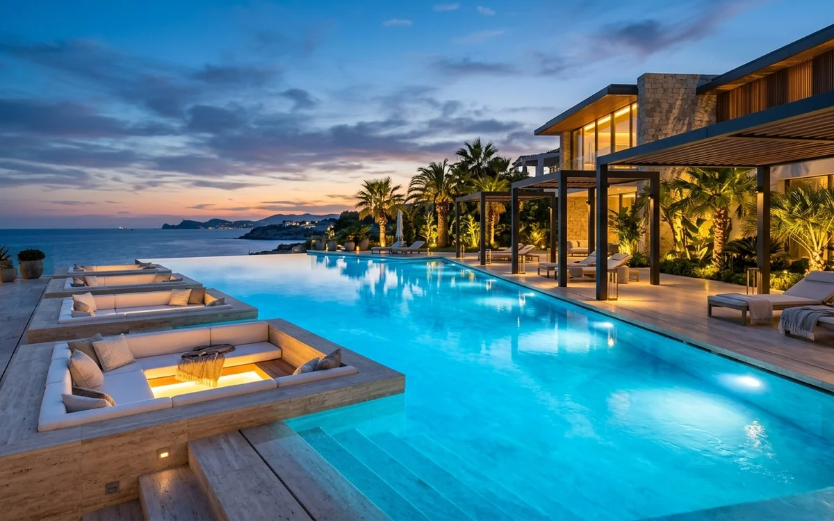 Swimming Pool and Sun Deck at Twilight